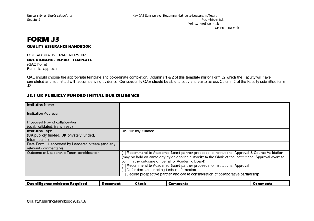 University for the Creative Arts Key QAE Summary of Recommendation to Leadership Team