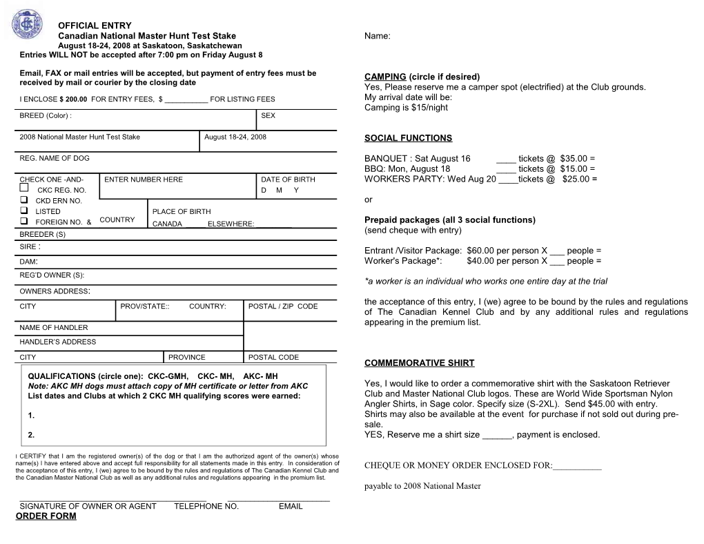 Official Canadian Kennel Club Entry Form
