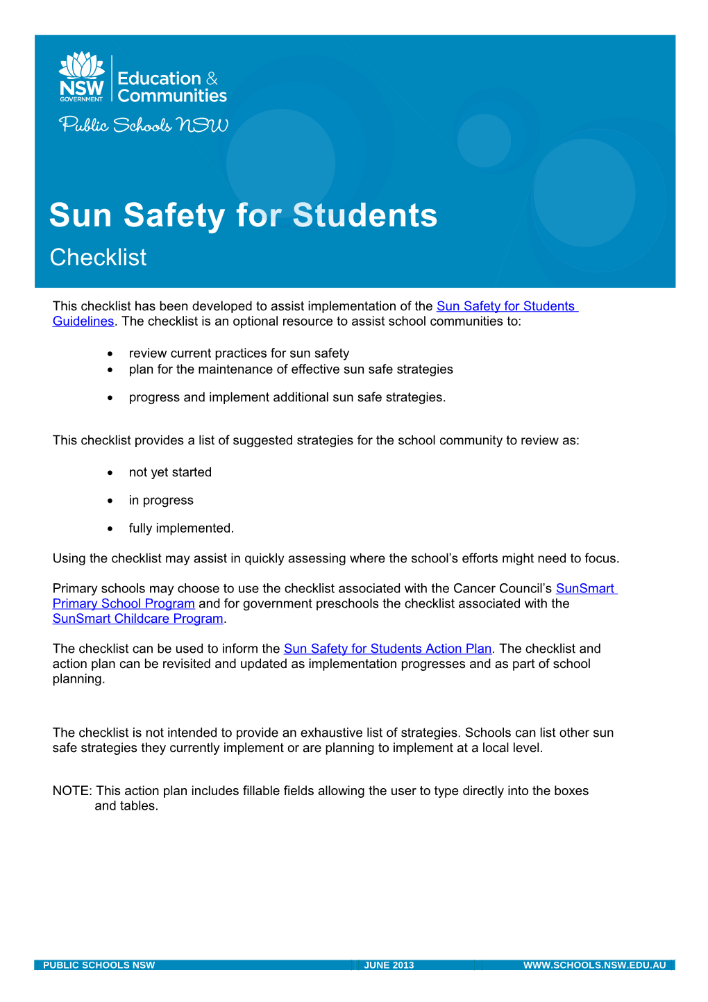 Sun Safety for Studentschecklist