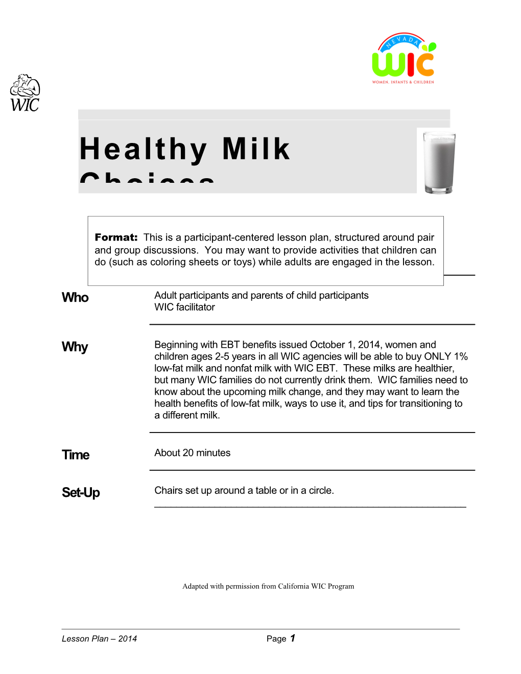 Healthy Milk Choices Lesson Plan