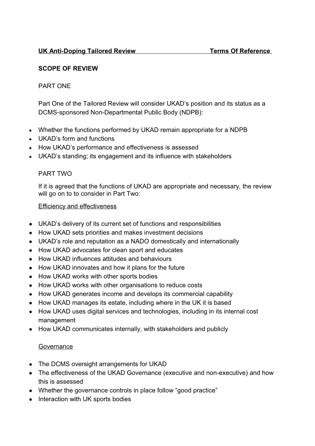 UK Anti-Doping Tailored Reviewterms of Reference