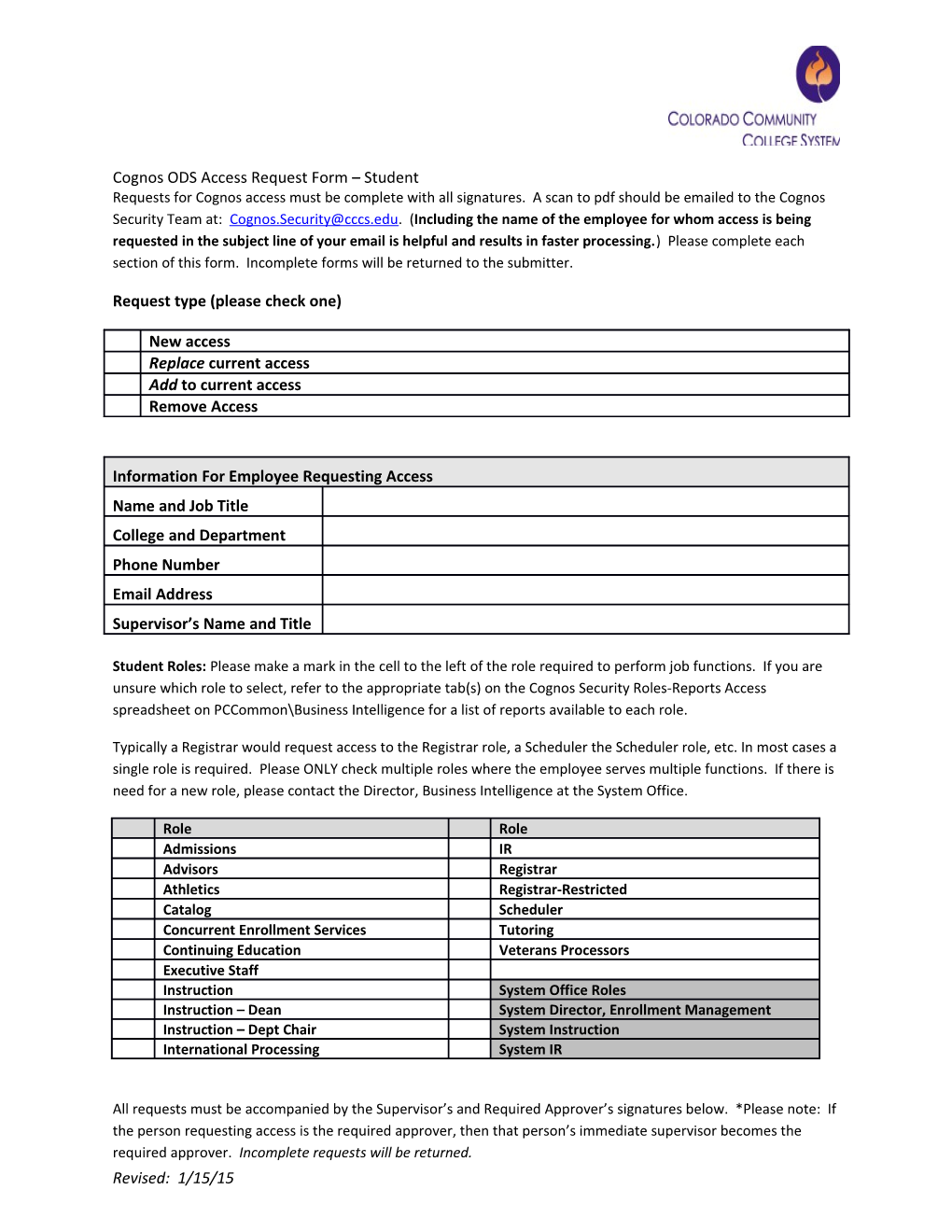 Cognos ODS Access Request Form Student