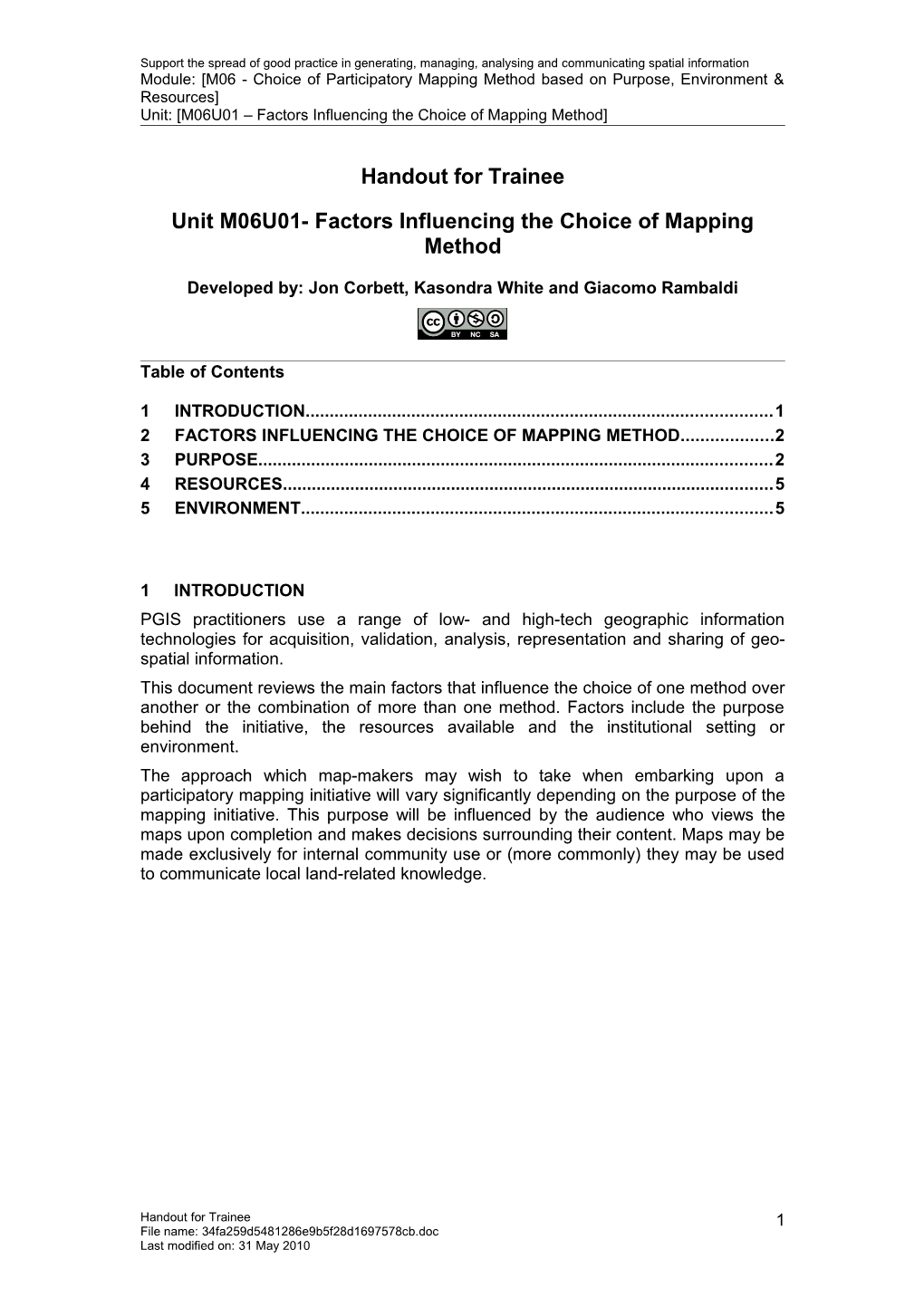 Handout for Trainee - Factors Influencing the Choice of Mapping Method