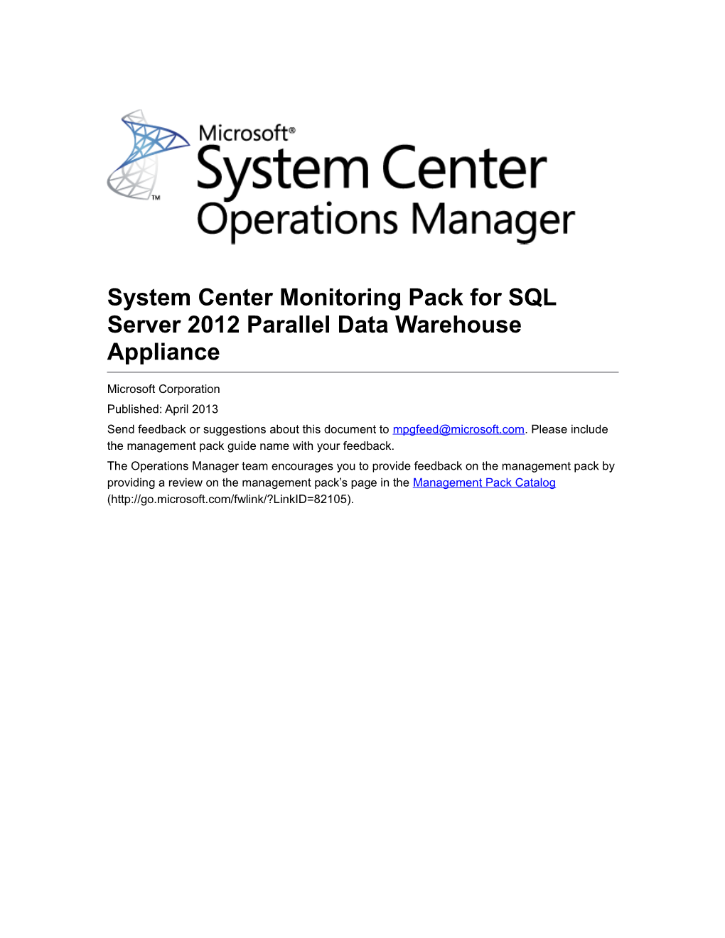 PDW Management Pack Operations Guide