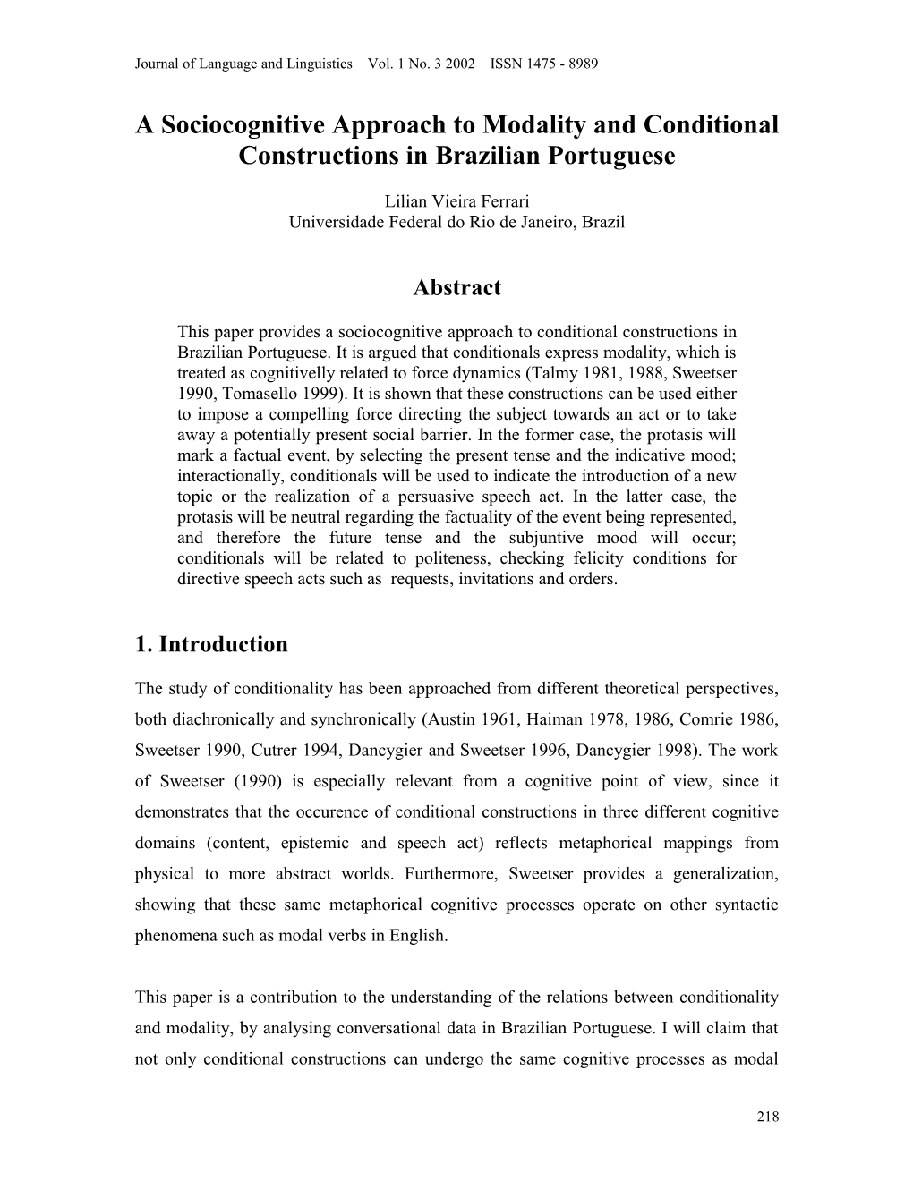 A Sociocognitive Approach to Modality and Conditional Constructions in Brazilian Portuguese