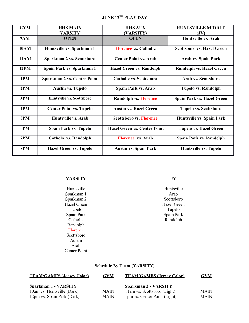 Schedule by Team (VARSITY)