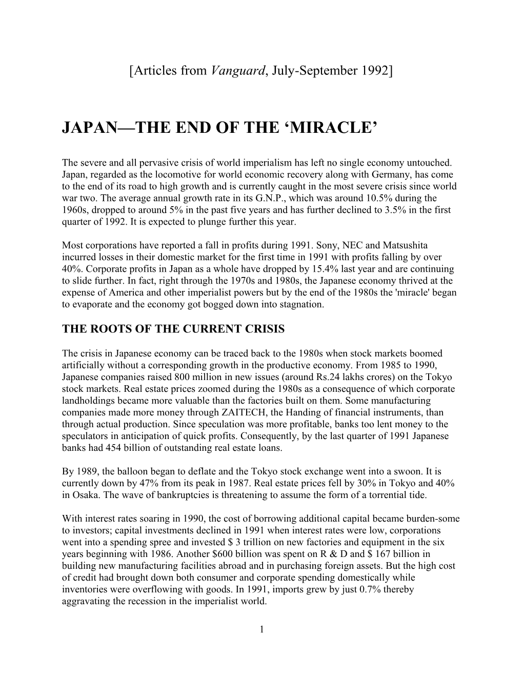 Japan-The End of the 'Miracle'