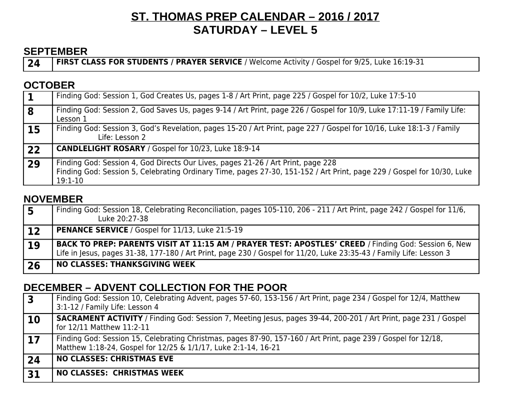 St. Thomas Prep Calendar 2016 / 2017