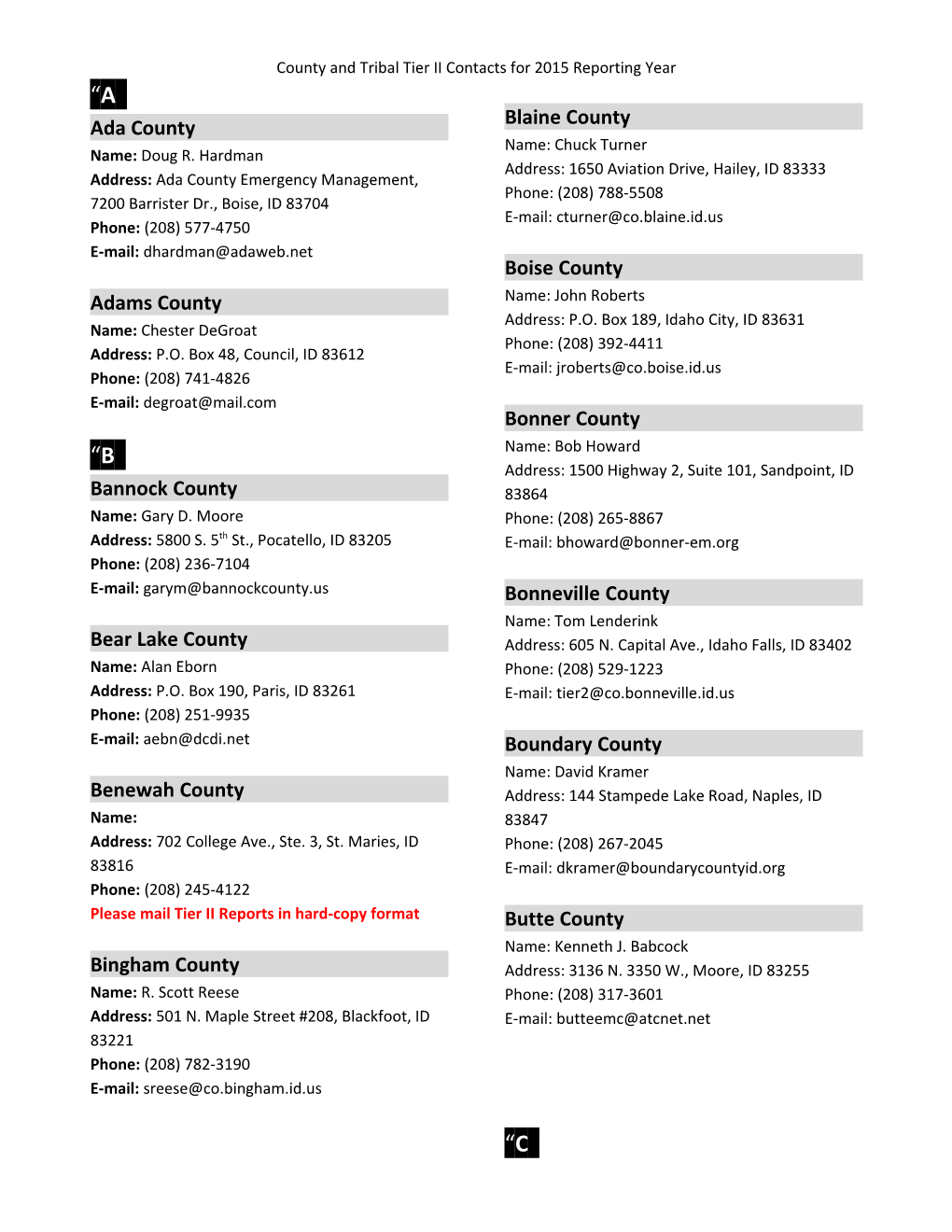 County and Tribal Tier II Contacts for 2015 Reporting Year