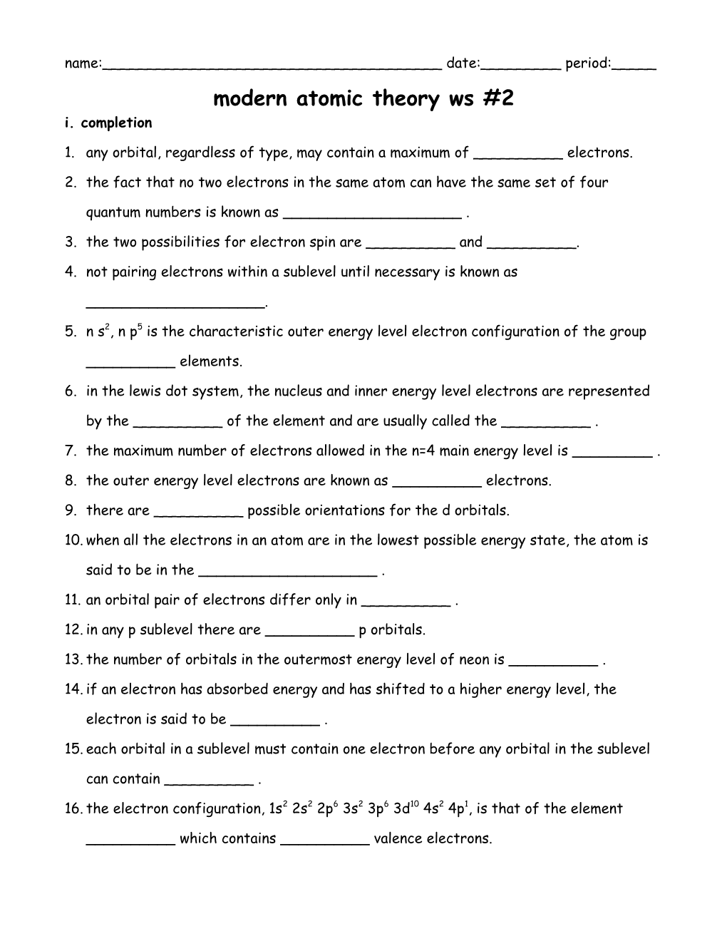 Modern Atomic Theory Ws #2