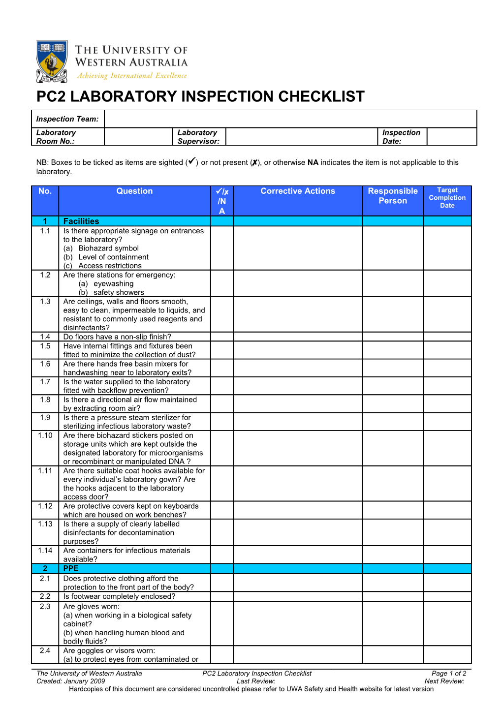 Pc2 Laboratory Inspection Checklist
