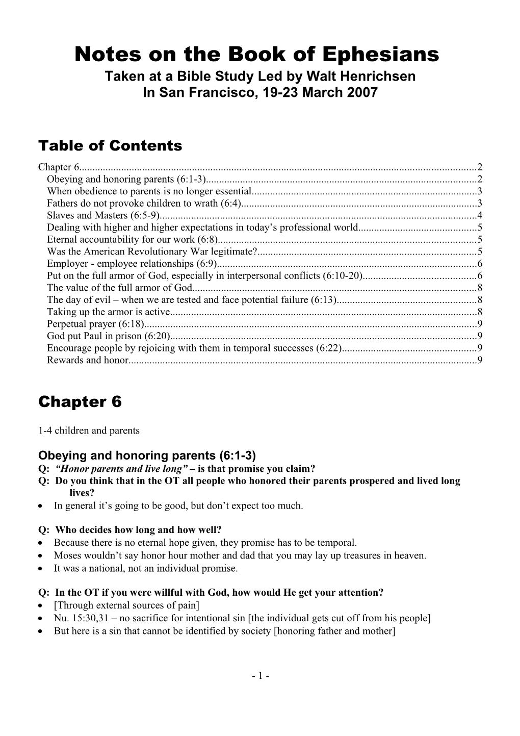 Notes on the Book of Ephesians - Chapter 6