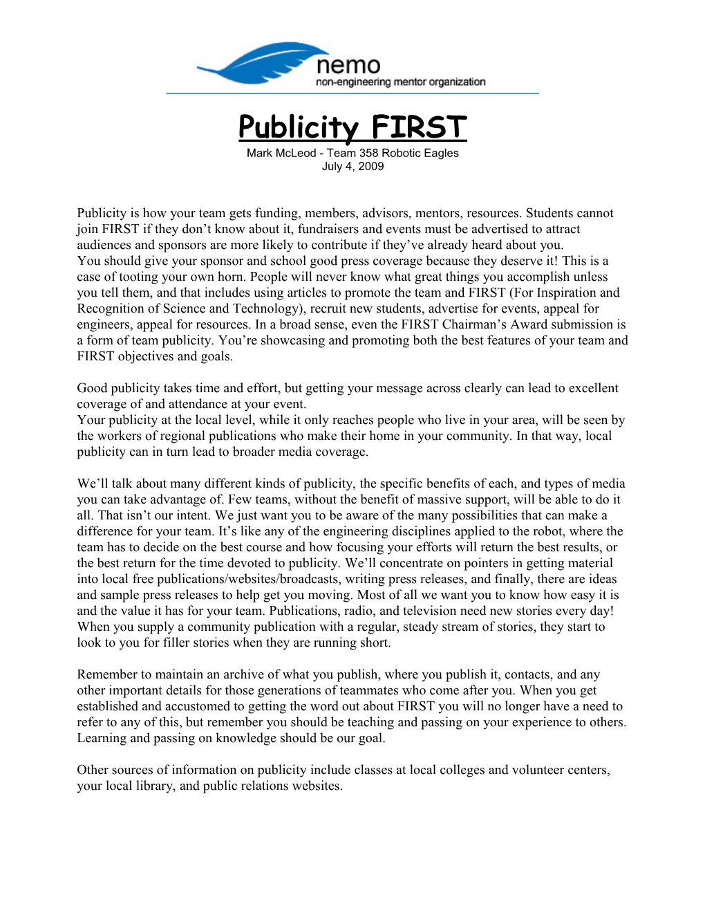 FIRST Publicity Manual