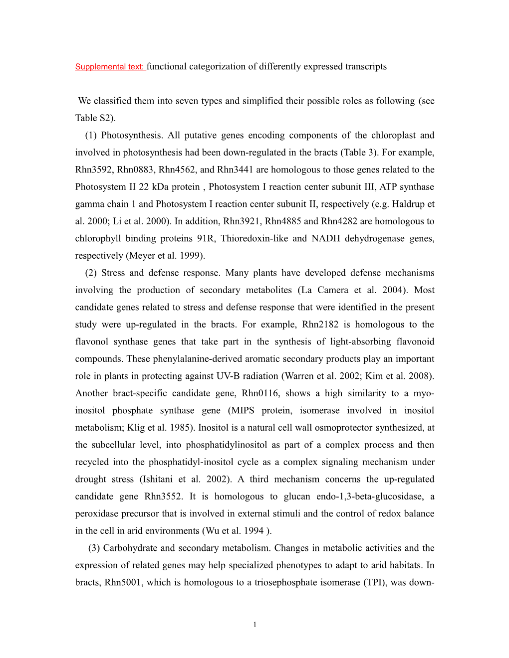 Differentially Expressed Transcripts and Ecological Functions of Translucent Bracts In