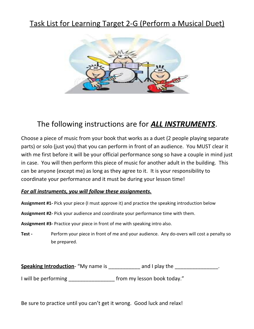 Task List for Learning Target 2-G (Perform a Musical Duet)