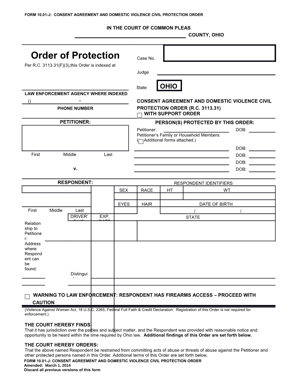 Form 10.01-J:Consent Agreement and Domestic Violence Civil Protection Order