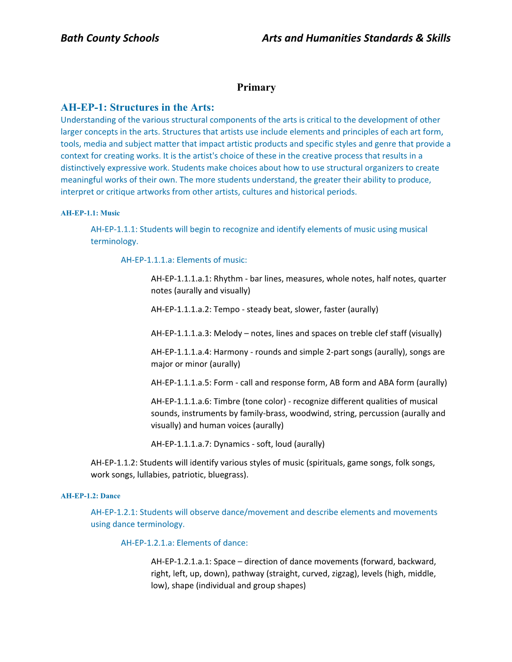 Bath County Schools Arts and Humanities Standards & Skills