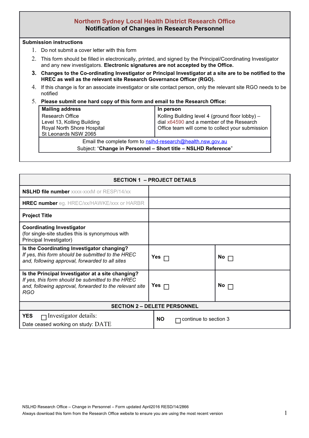 Notification of Change in Personnel Form