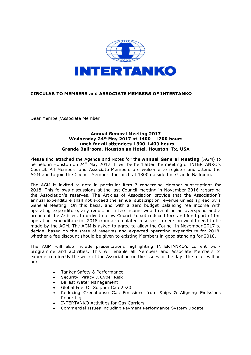 CIRCULAR to MEMBERS and ASSOCIATE MEMBERS of INTERTANKO