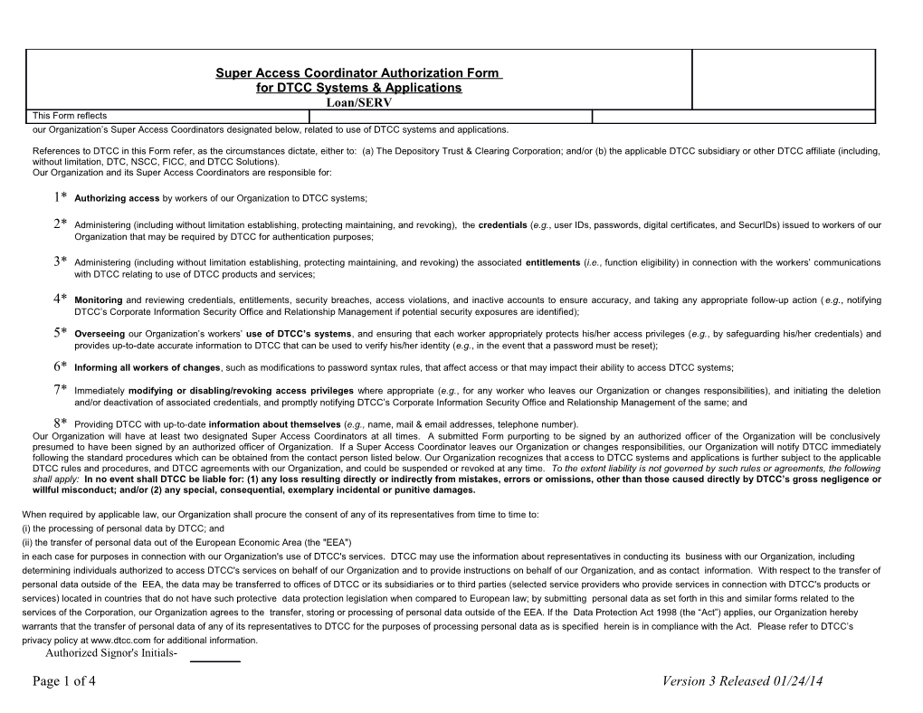 Access Coordinator/Super Coordinator Authorization Form for DTCC Systems & Applications