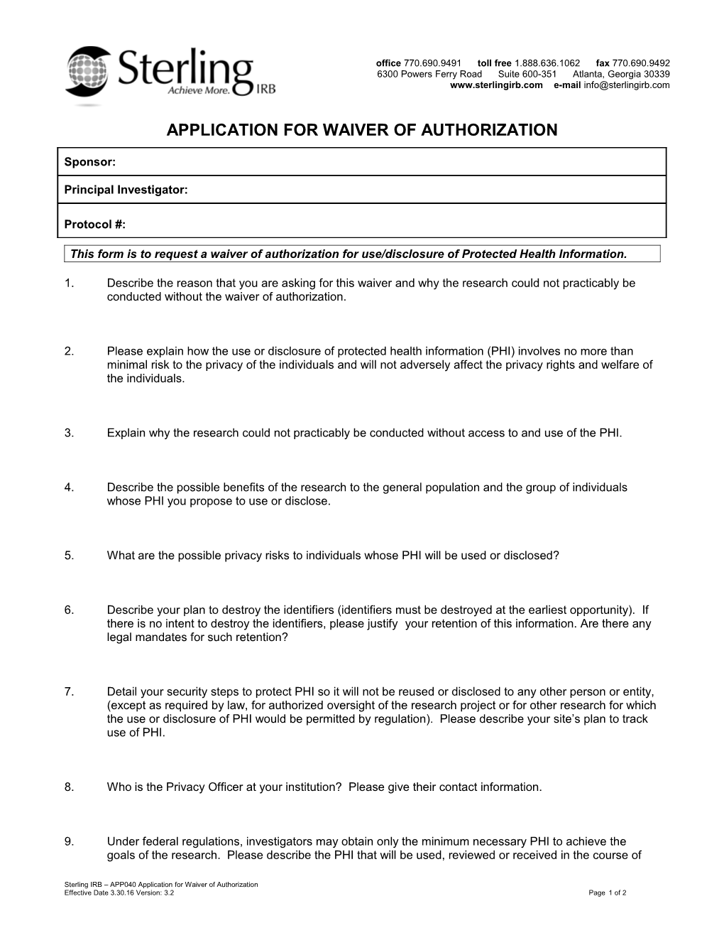 Sterling Irb Application for Hipaa Waiver of Authorization
