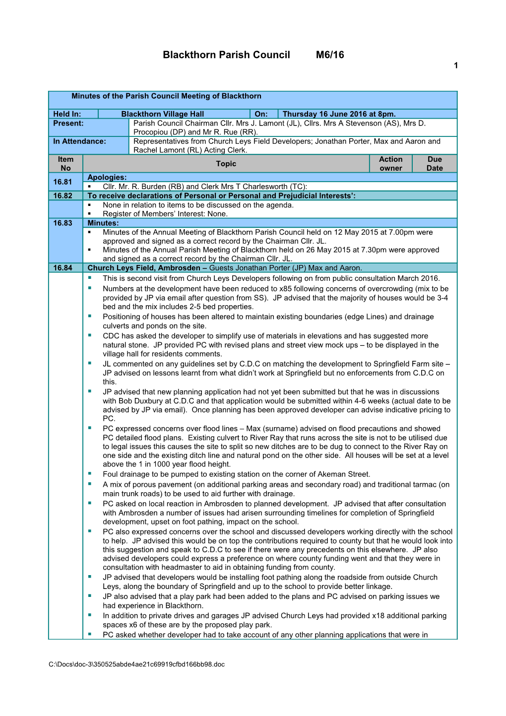 Minutes of the Parish Council Meeting of Blackthorn