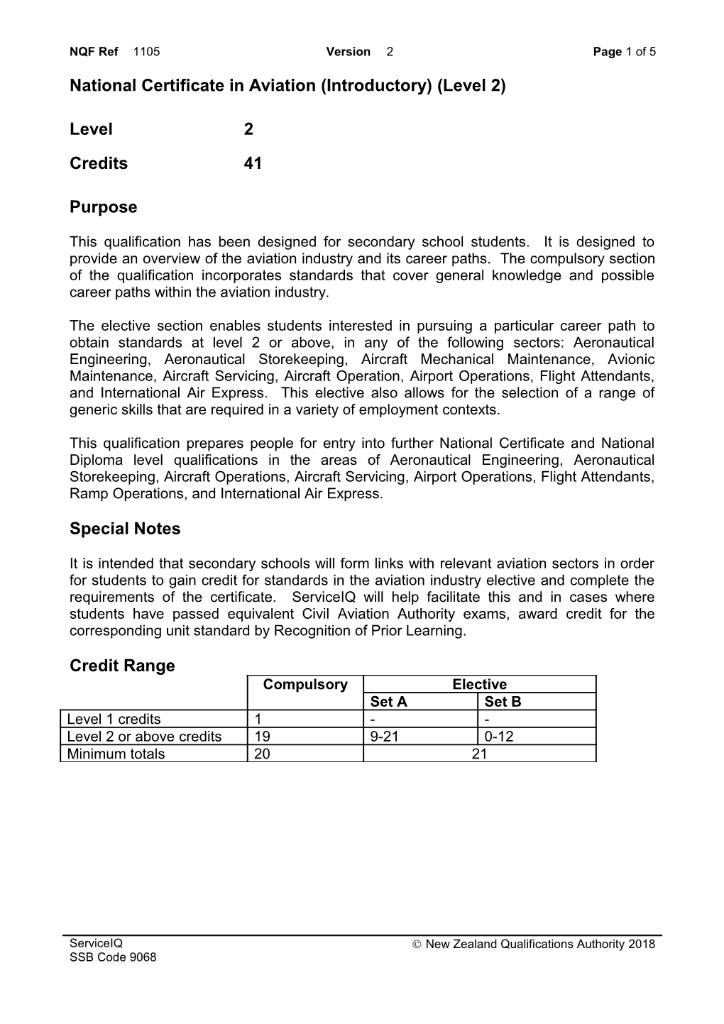 1105 National Certificate in Aviation (Introductory) (Level 2)