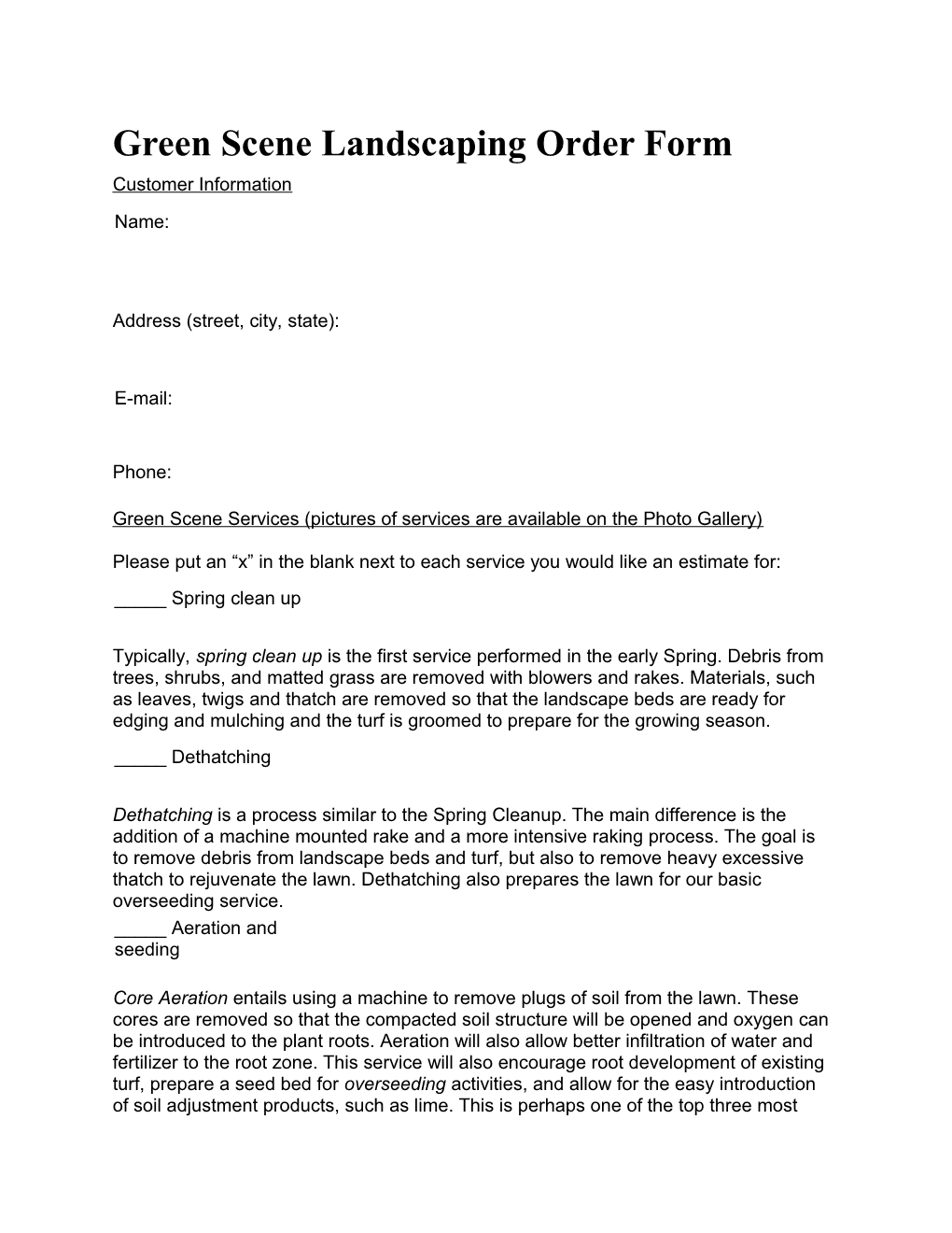 Green Scene Landscaping Order Form