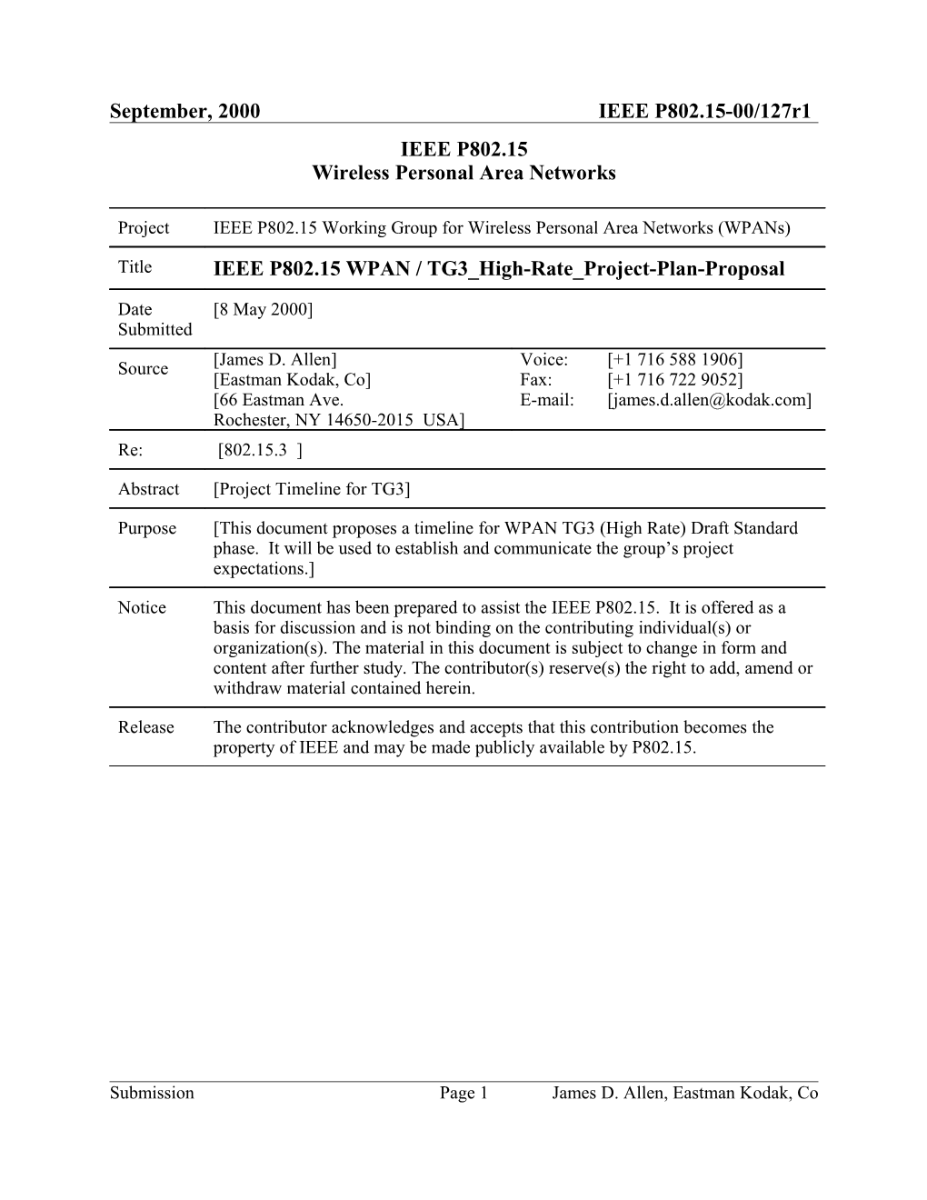 IEEE P802.15 WPAN / TG3 High-Rate Project-Plan-Proposal