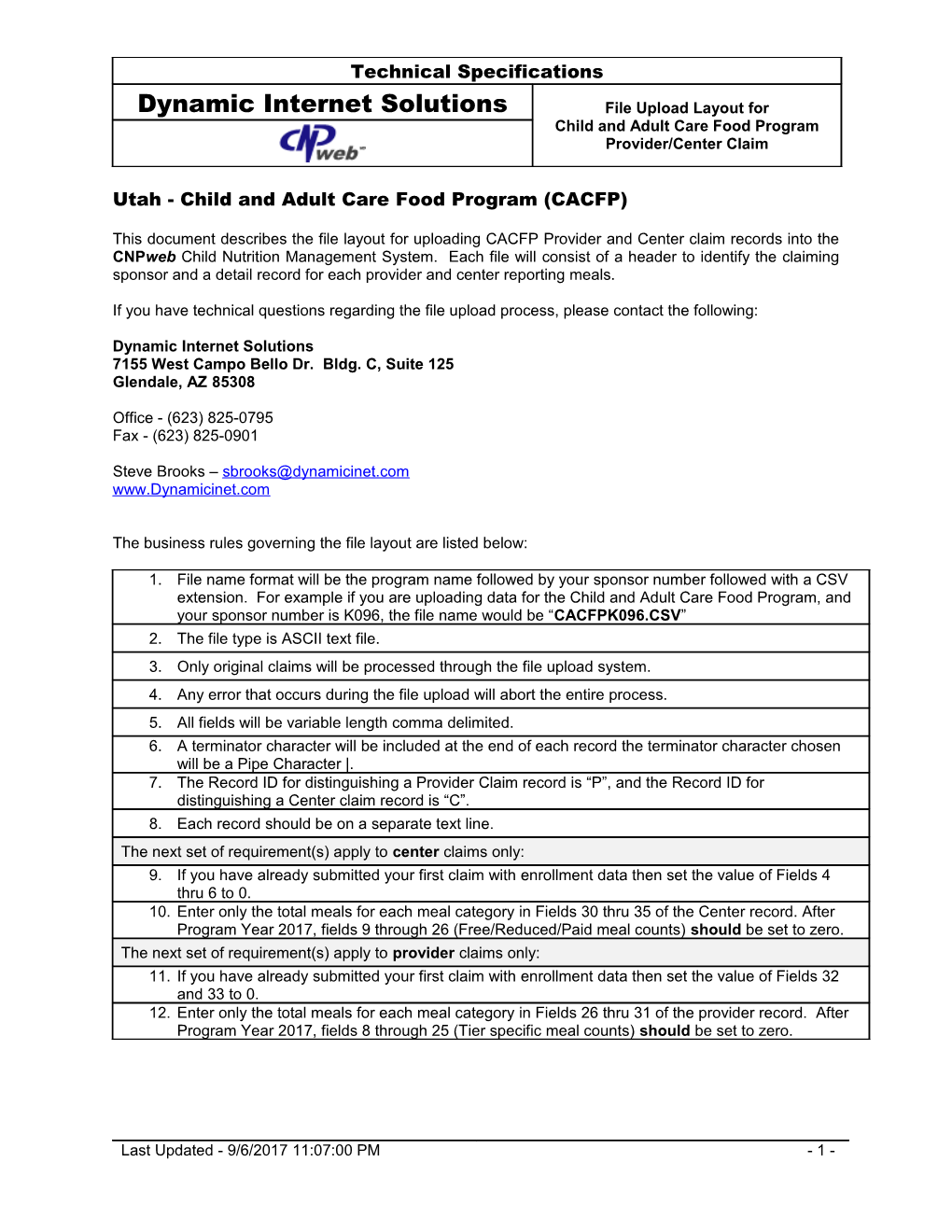 This Document Describes the File Layout for Uploading Site Claim Records Into the Cnpweb