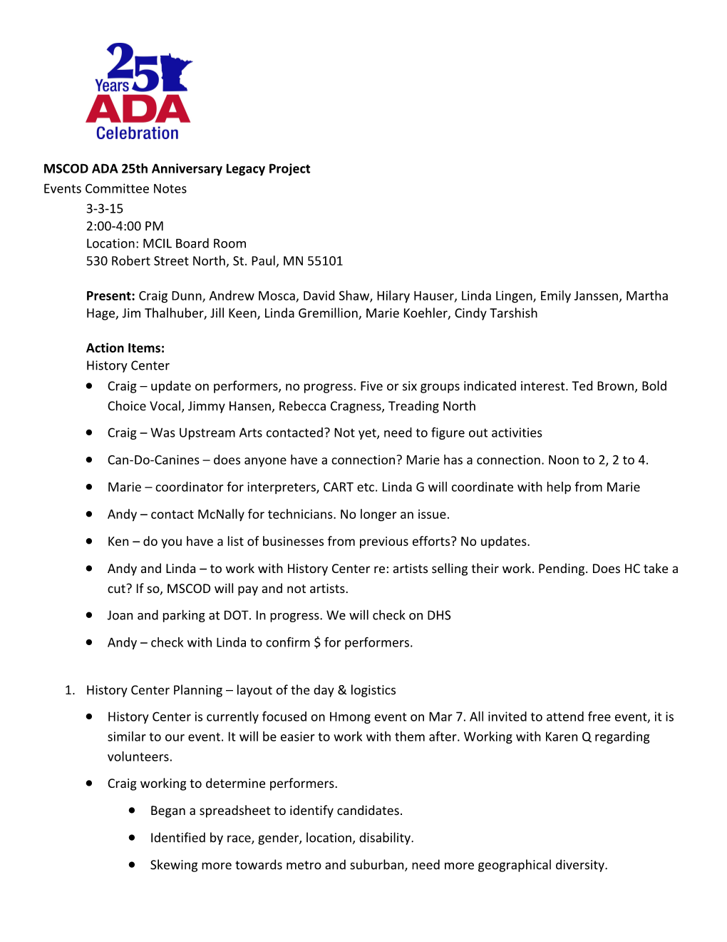 Events Committee Notes, 3-3-15