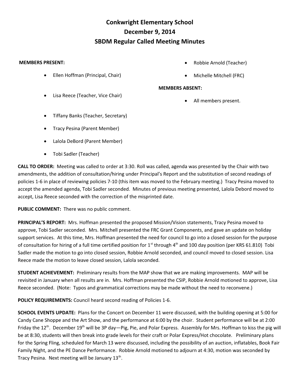 SBDM Regular Called Meeting Minutes