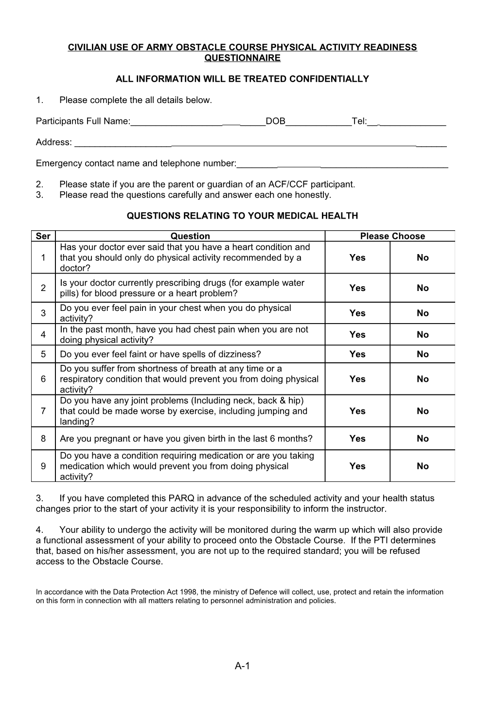 Civilian Use of Army Obstacle Course Physical Activity Readiness Questionnaire