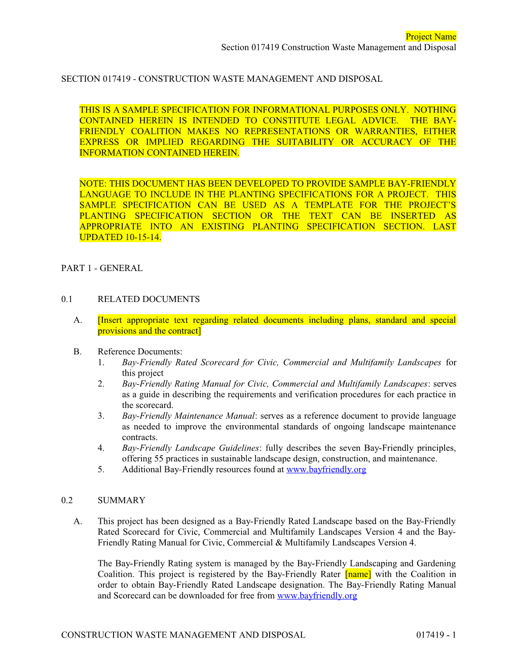 Section 017419 - Construction Waste Management and Disposal