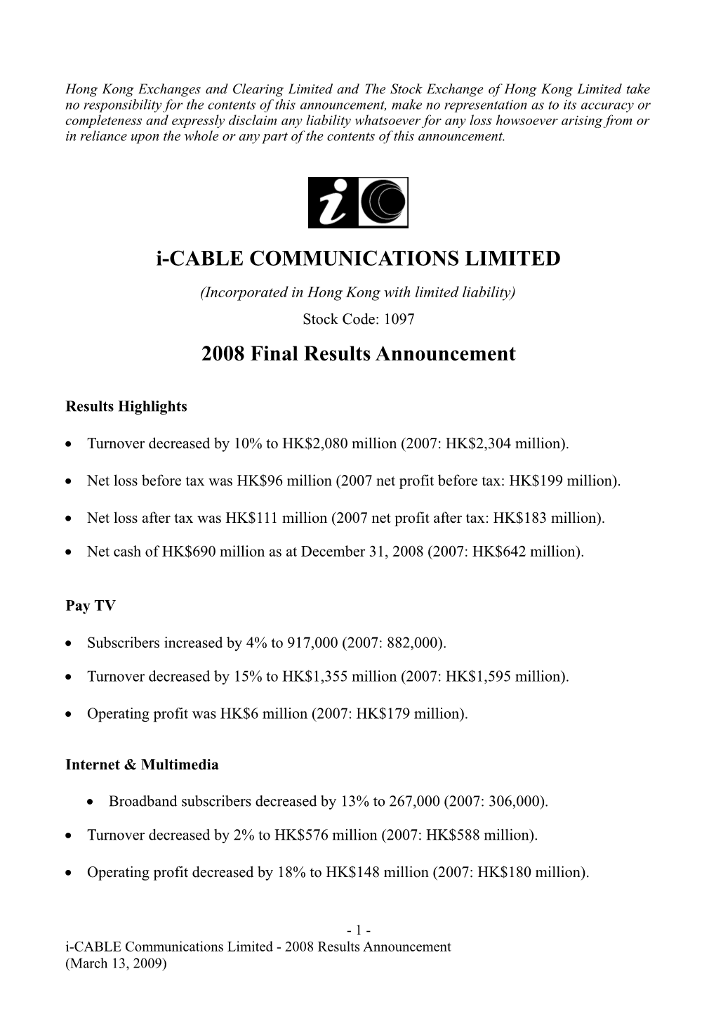 I-CABLE COMMUNICATIONS LIMITED