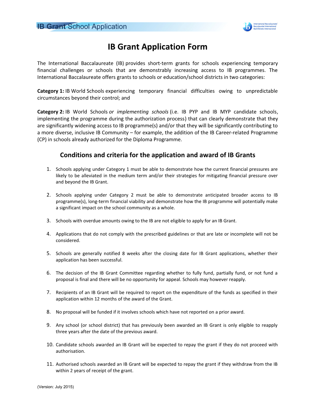 IB Grant Application Form