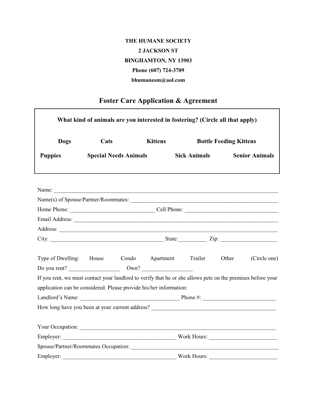 Foster Care Application & Agreement