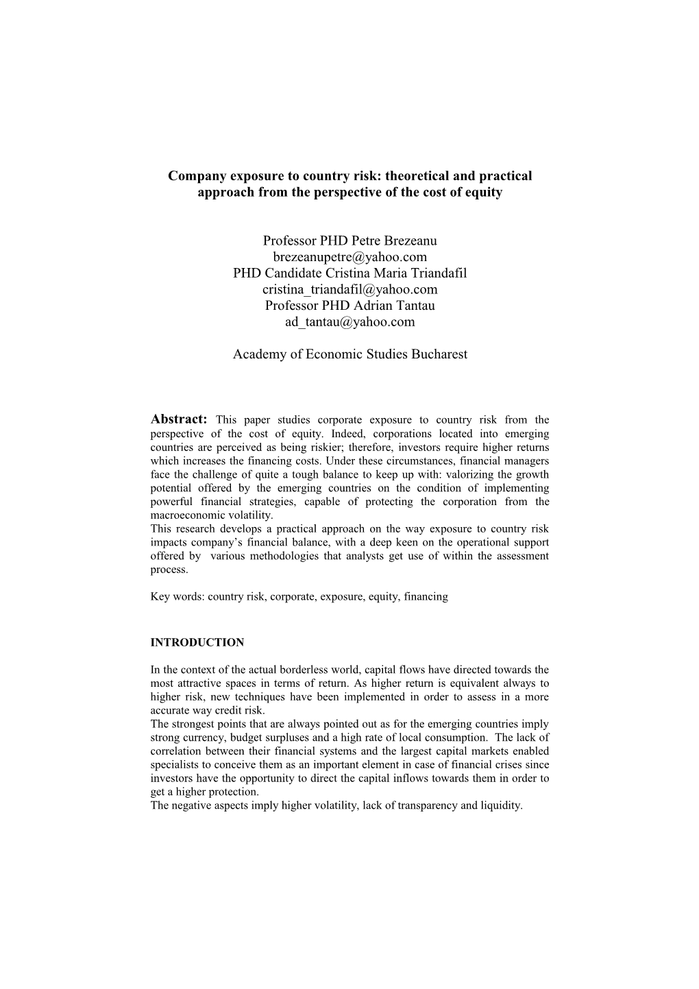Company Exposure to Country Risk: Theoretical and Practical Approach from the Perspective