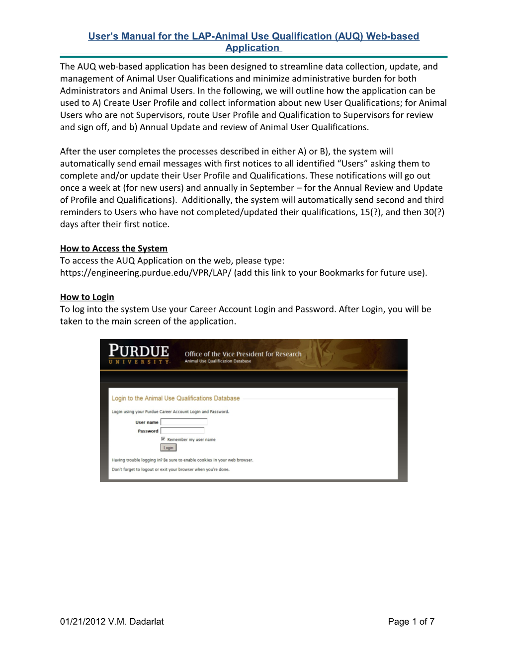 User S Manual for the LAP-Animal Use Qualification (AUQ) Web-Based Application