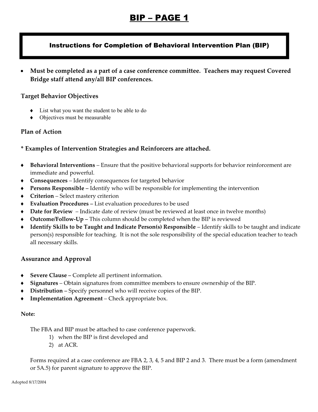 Behavior Intervention Plan (Bip)