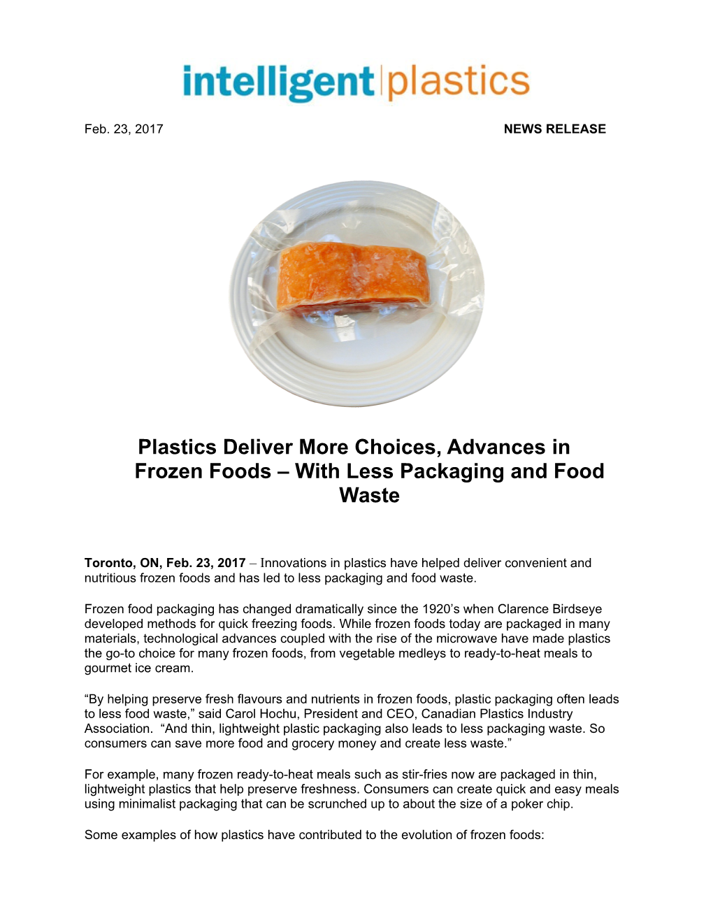 Plastics Deliver More Choices, Advances in Frozen Foods with Less Packaging and Food Waste