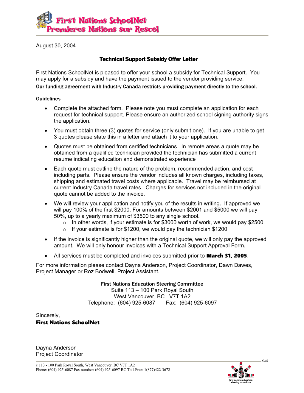Technical Support Subsidy Offer Letter