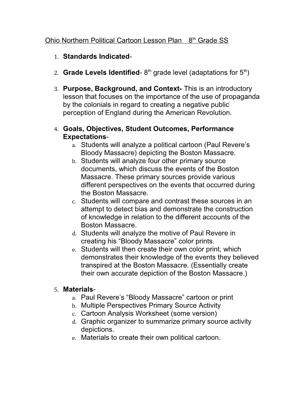 Ohio Northern Political Cartoon Lesson Plan8th Grade SS