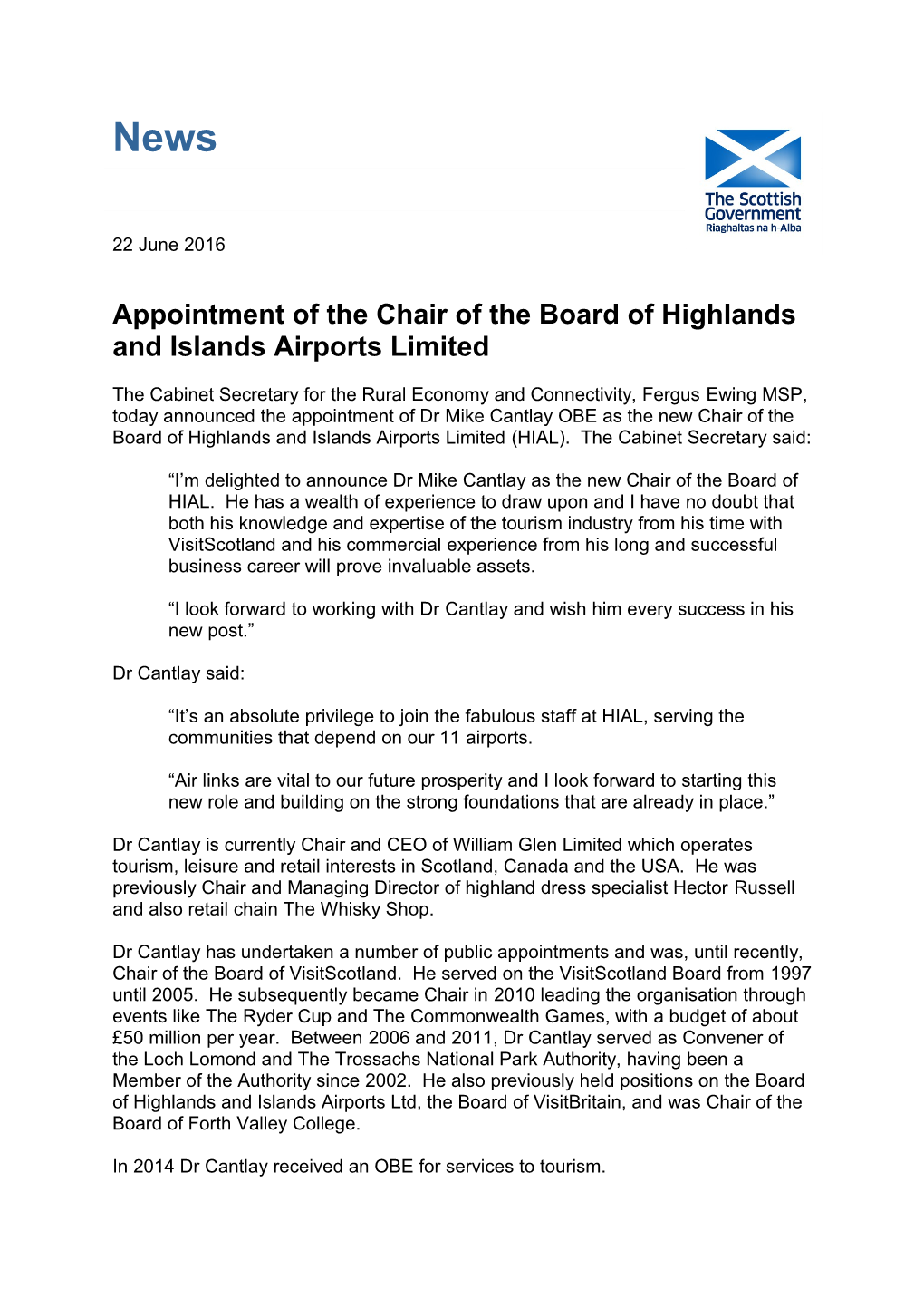 Appointment of the Chair of the Board of Highlands and Islands Airports Limited