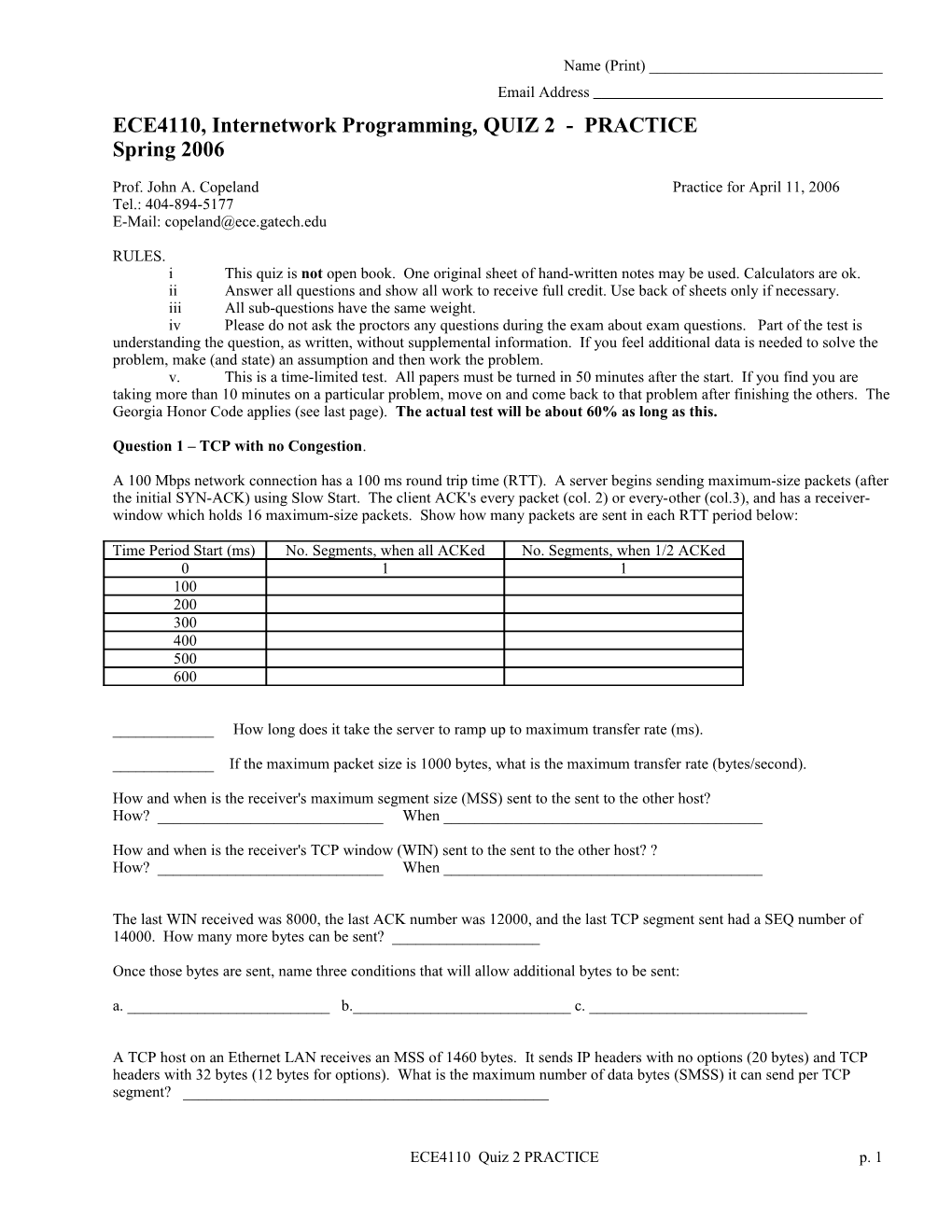 ECE4110, Internetwork Programming, QUIZ 2 - PRACTICE