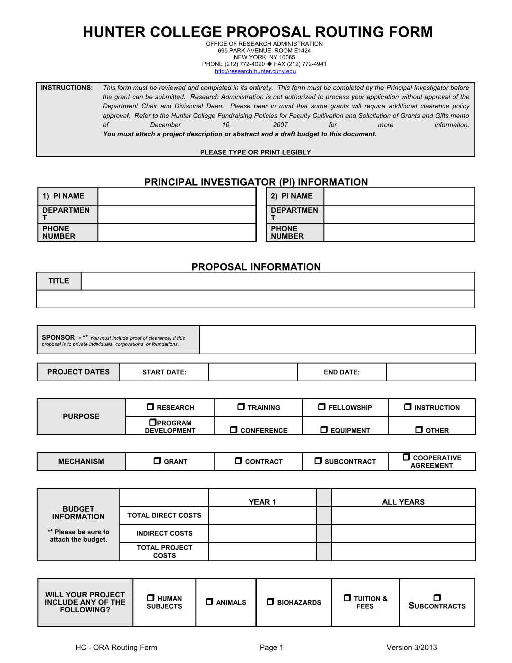 Hunter College Proposal Routing Form