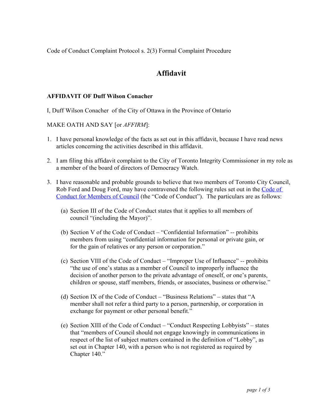 Code of Conduct Complaint Protocol S