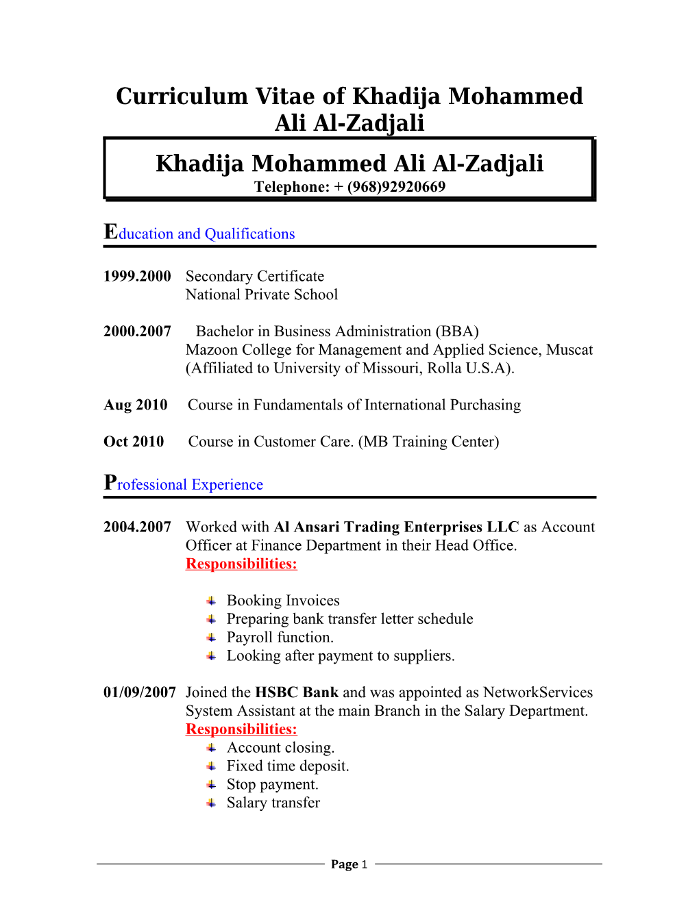 Curriculum Vitae of Khadija Mohammed Ali Al-Zadjali