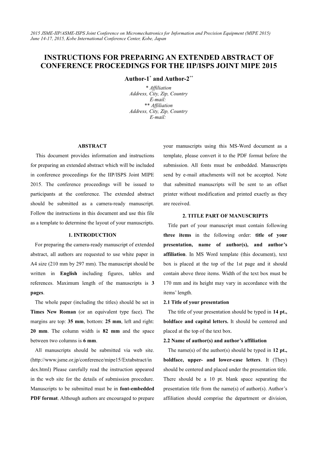 IIP/ISPS Joint MIPE 2015 Proceedings Template