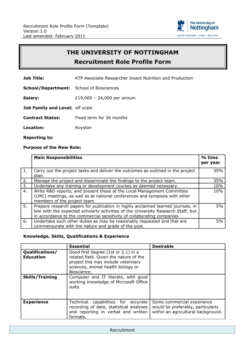 Job Title:KTP Associate Researcher Insect Nutrition and Production